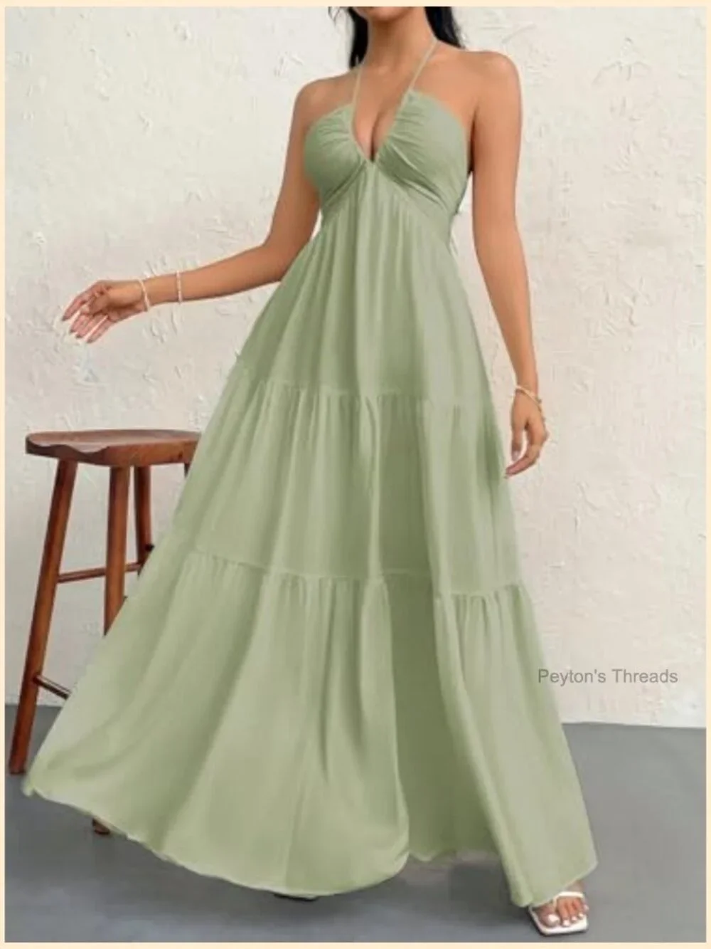 Women's Halter V Neck Maxi Dress A-Line Summer Beach Vacation Dress - Picture 5 of 7